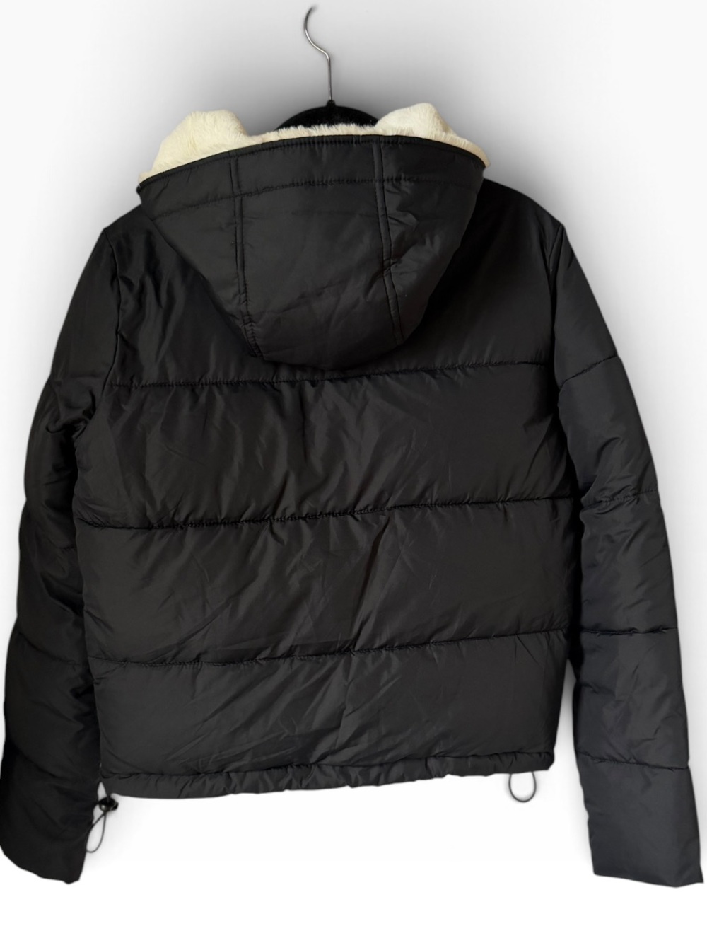 Hollister Ultimate Black Puffer Jacket Faux Fur Cream Sherpa Hood Coat Winter - Picture 5 of 8